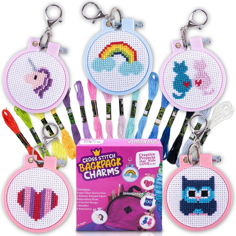CRAFTILOO Cross Stitch Kits For Beginners. 5 Stamped Cross Stitch Kits for Kids.Needlepoint Kits For Beginners. Embroidery Kit For Kids. Crossstitch Kit For Beginners. Girls cross stitch kit Backpack Charms - Image 1